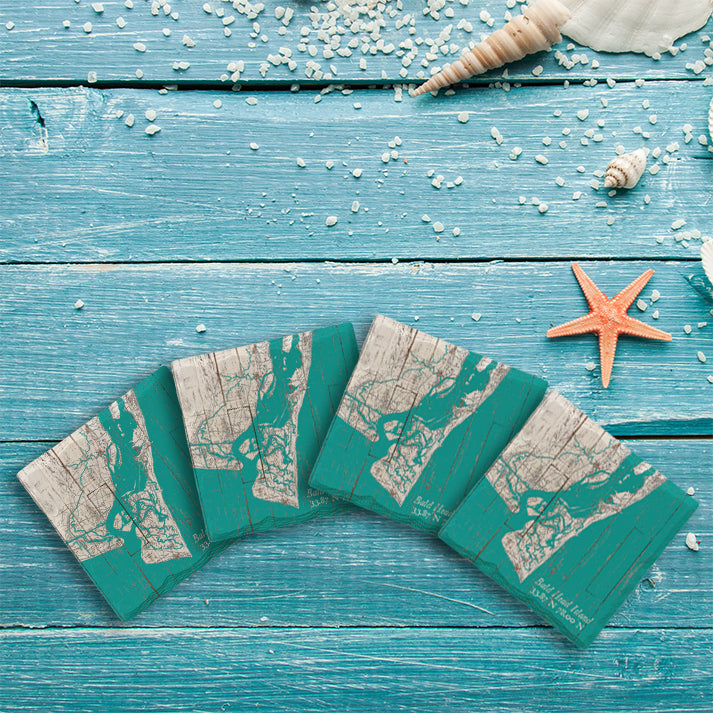 Bald Head Island, North Carolina Map | Drink Coaster Set | Teal & White Shabby Style