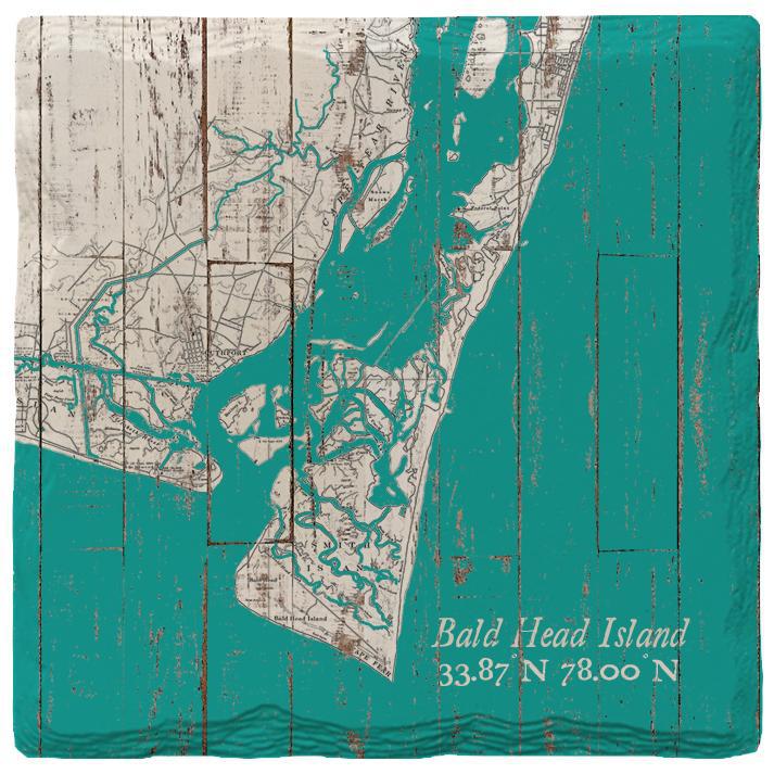 Bald Head Island, North Carolina Map | Drink Coaster Set | Teal & White Shabby Style