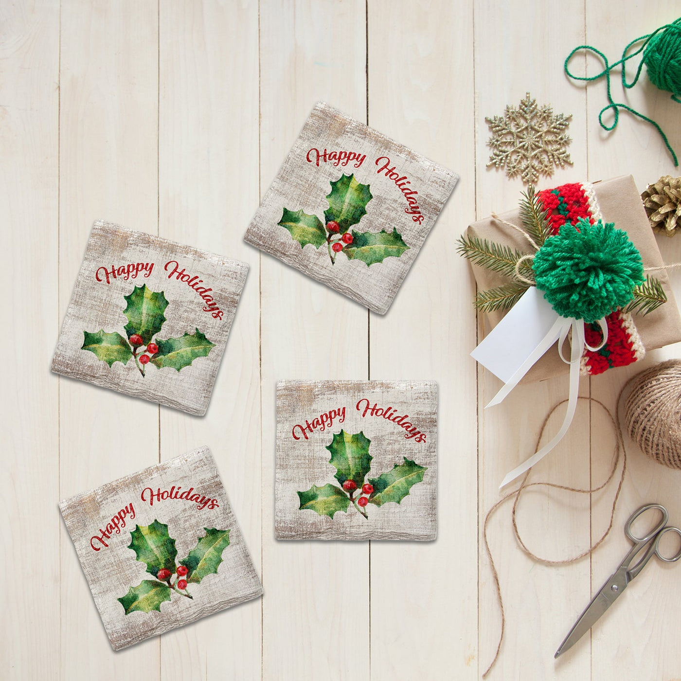 Customizable Holiday Christmas Holly | Drink Coaster Set