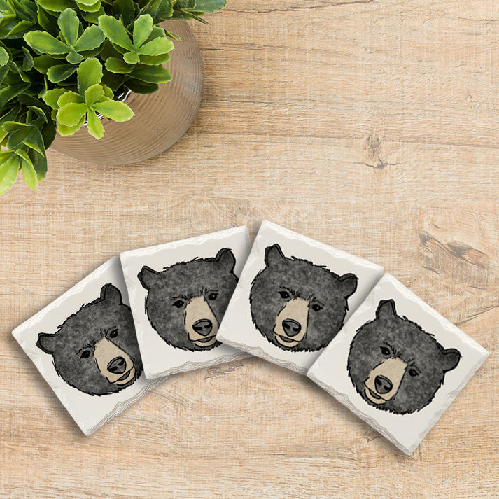 Black Bear Face Doodle | Drink Coaster Set | Hand Drawn