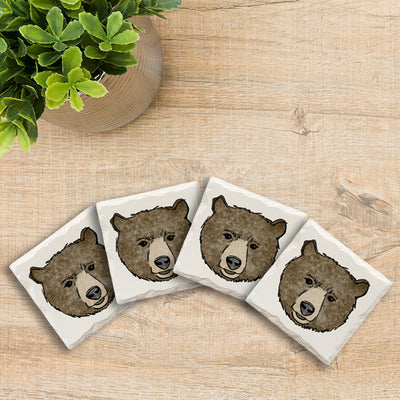 Brown Bear Face Doodle | Drink Coaster Set | Hand Drawn