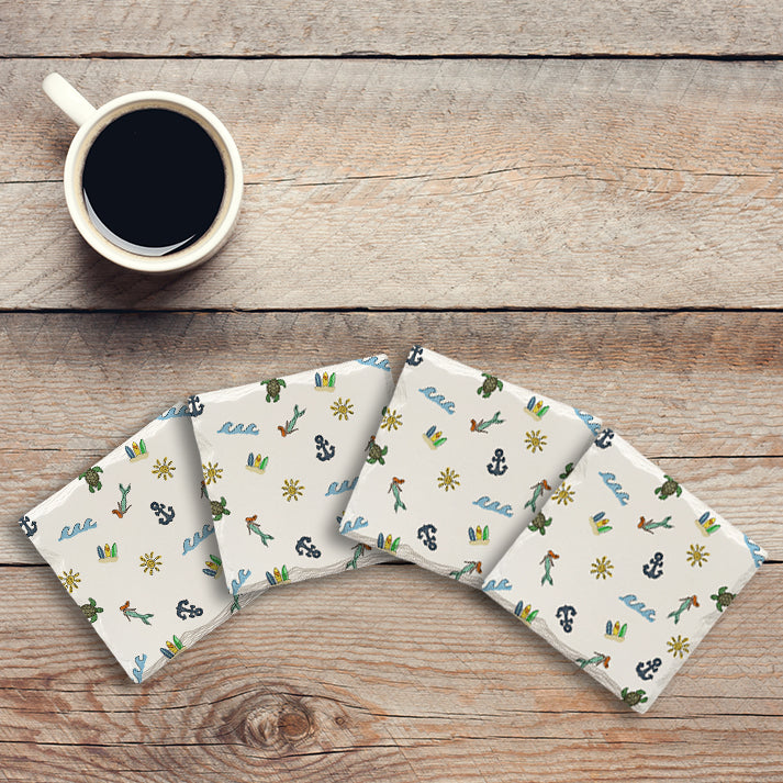 Beach Doodles Pattern | Drink Coaster Set | Hand Drawn