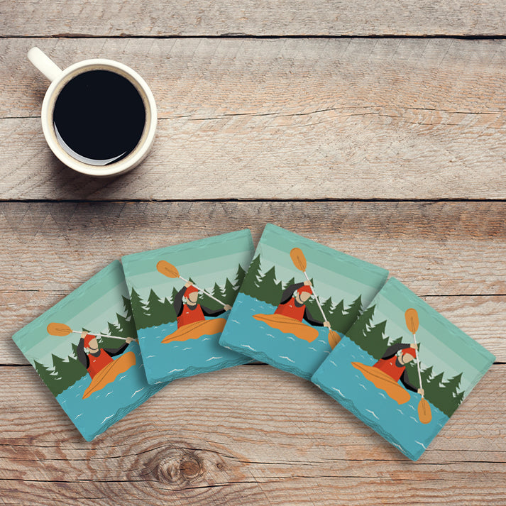 Kayaking Kayaker on Kayak | Drink Coaster Set