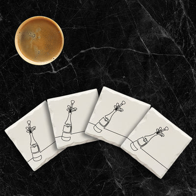 Champagne Bottle Popping Line Drawing | Drink Coaster Set