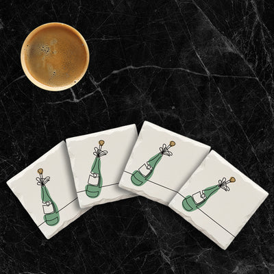 Champagne Bottle Popping Line Drawing | Drink Coaster Set | Color