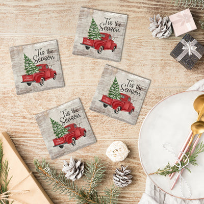 Customizable Holiday Christmas Red Truck | Drink Coaster Set