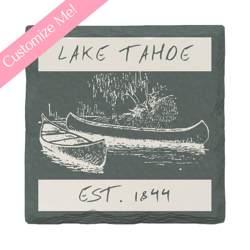 Customizable Canoe Scene | Lodge Blue | Drink Coaster Set