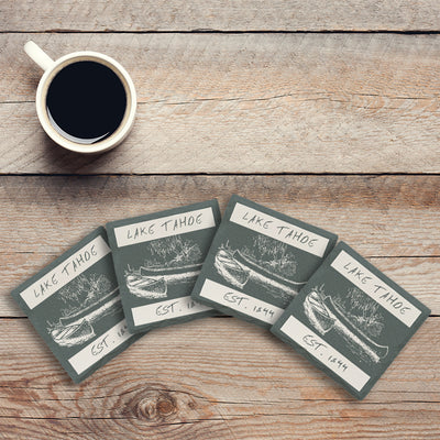 Customizable Canoe Scene | Lodge Blue | Drink Coaster Set