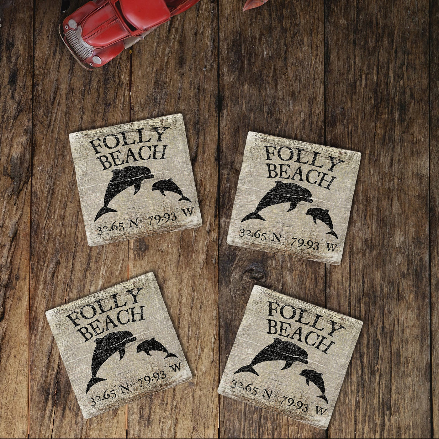 Customizable Dolphins w/ Coordinates | Drink Coasters | White & Black Worn Style