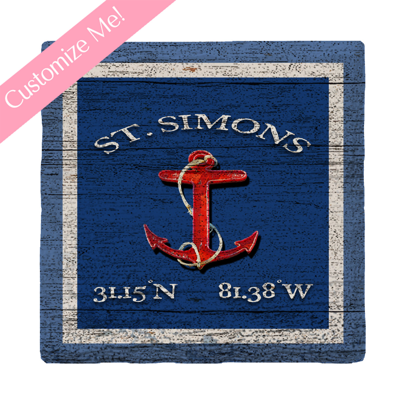 Customizable Navy Blue Anchor w/ Coordinates | Drink Coaster Set