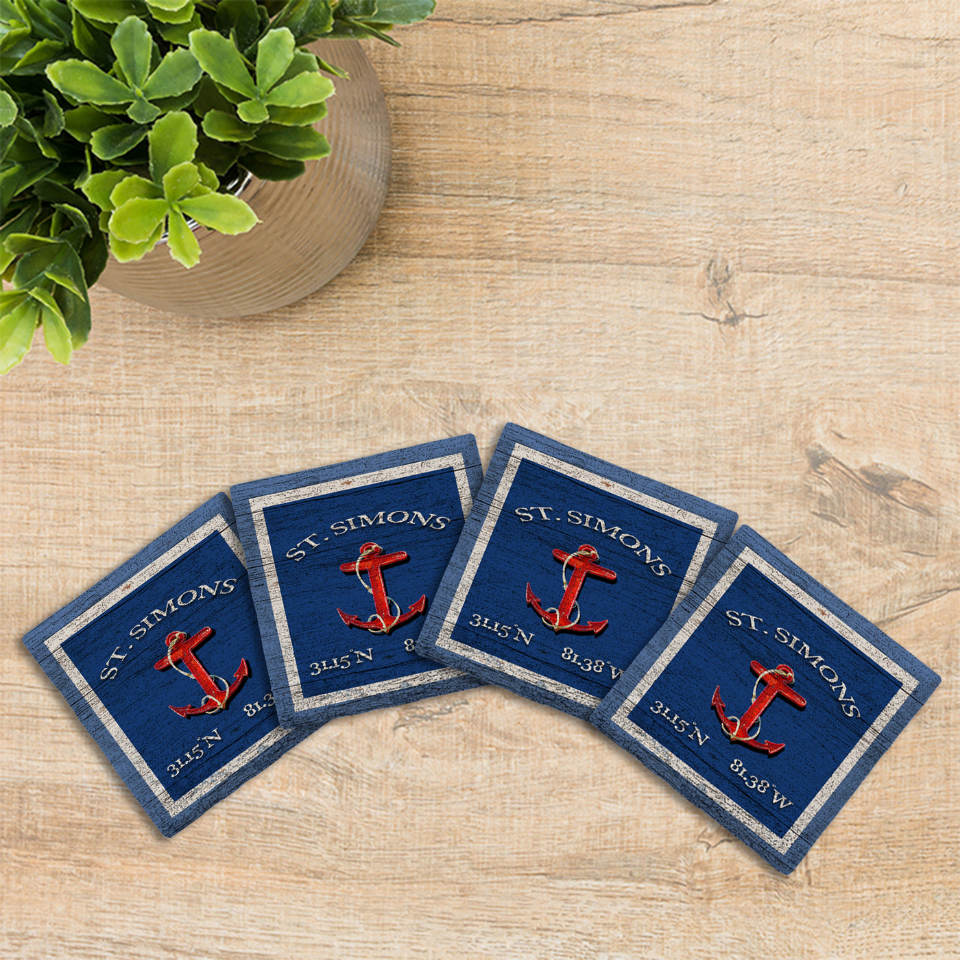 Customizable Navy Blue Anchor w/ Coordinates | Drink Coaster Set