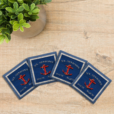 Customizable Navy Blue Anchor w/ Coordinates | Drink Coaster Set