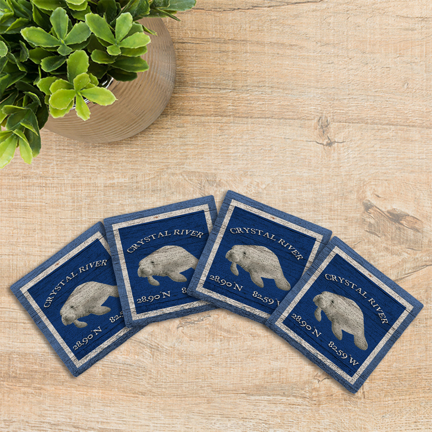 Customizable Navy Blue Manatee w/ Coordinates | Drink Coaster Set