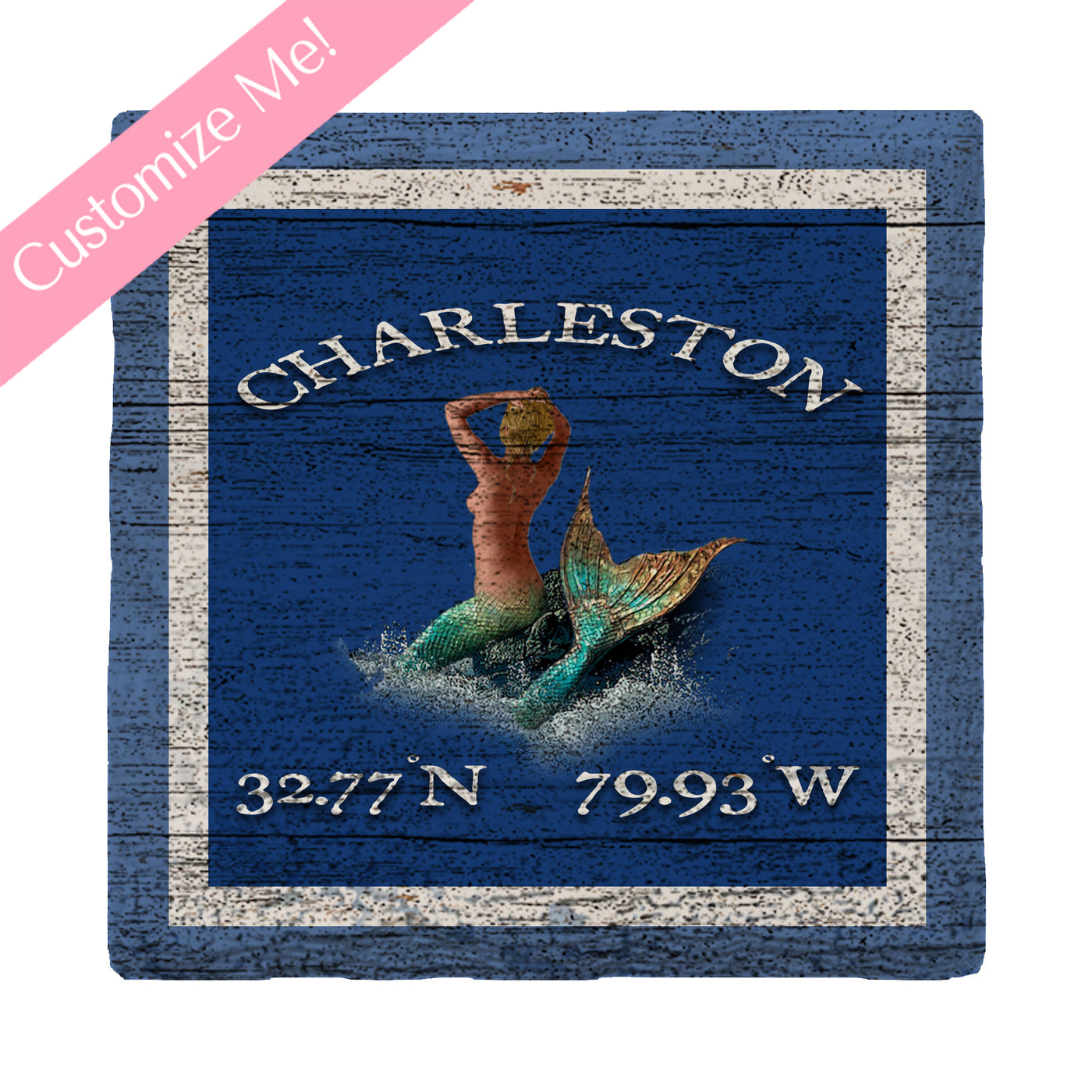 Customizable Navy Blue Mermaid w/ Coordinates | Drink Coaster Set