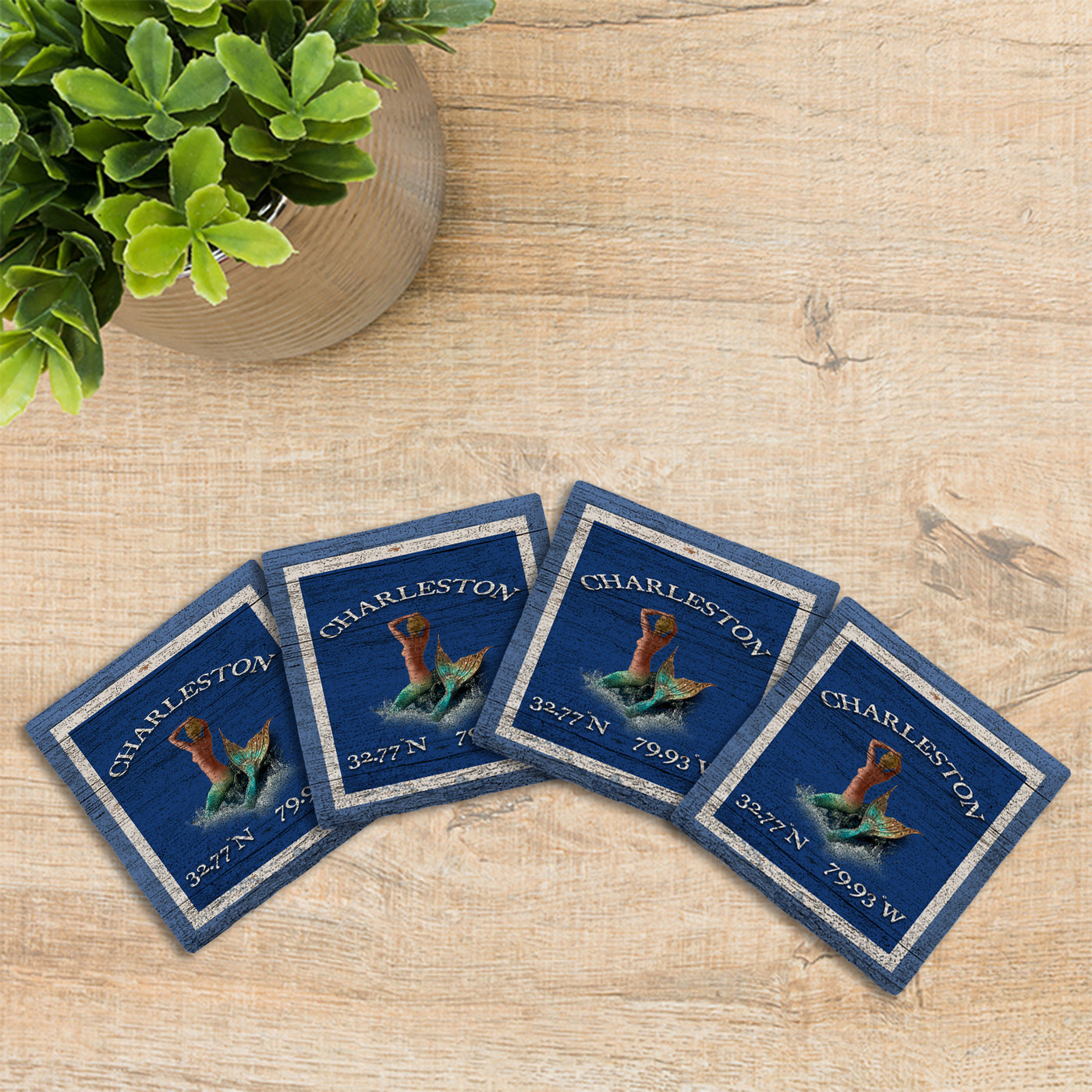 Customizable Navy Blue Mermaid w/ Coordinates | Drink Coaster Set