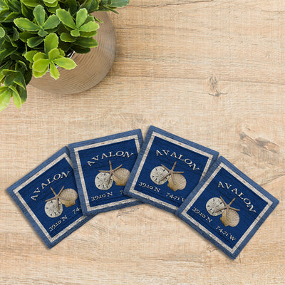 Customizable Navy Blue Seashells w/ Coordinates | Drink Coaster Set