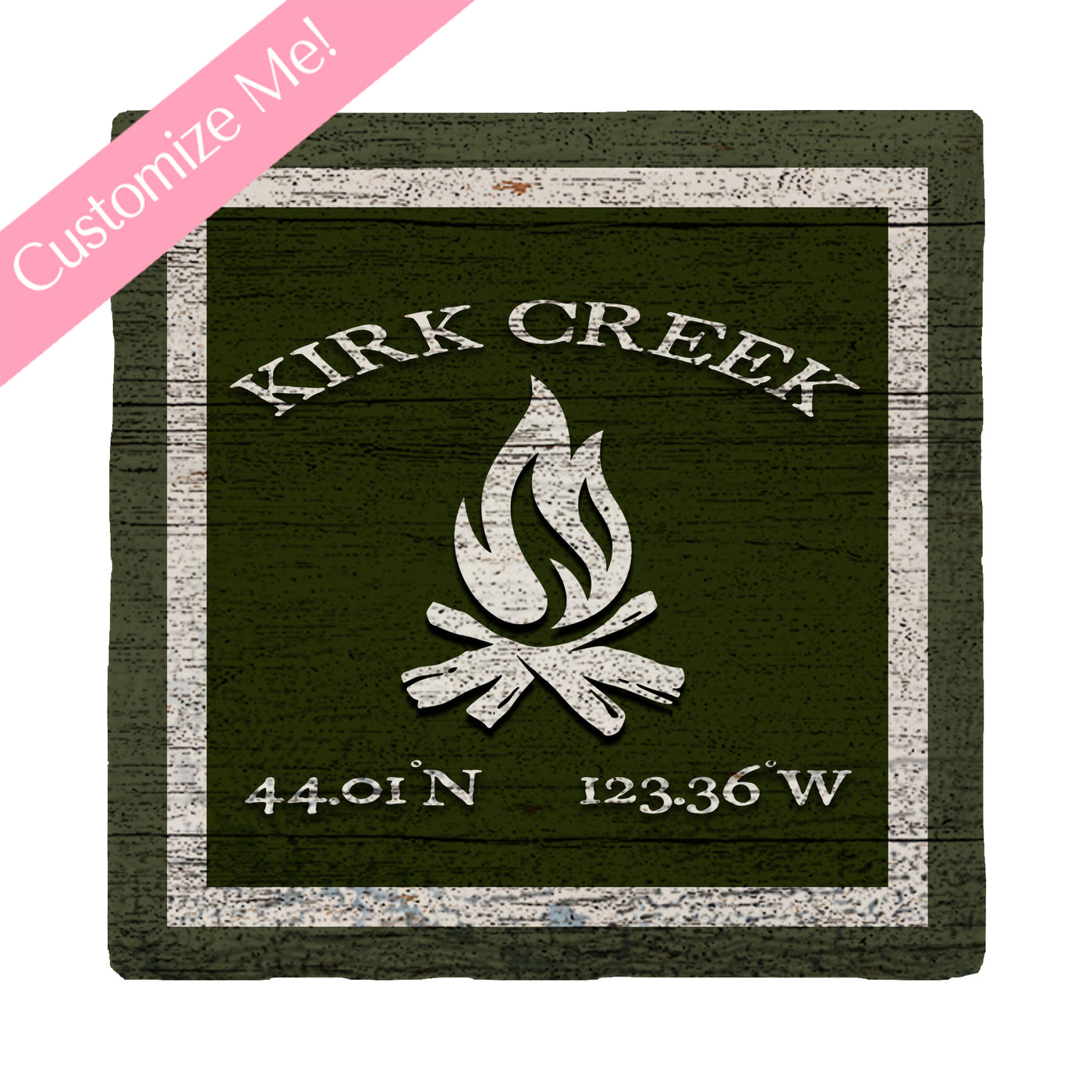 Customizable Lodge Green Camp Fire w/ Coordinates | Drink Coaster Set