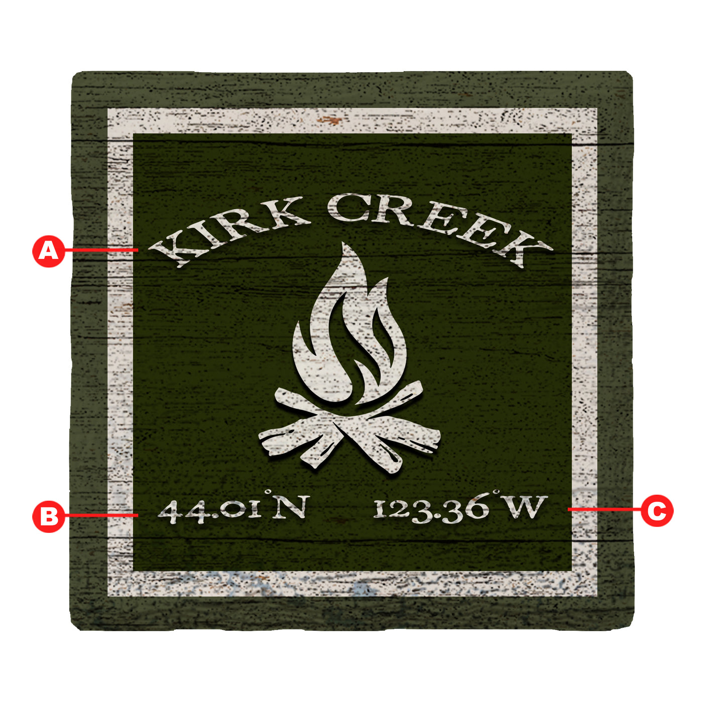 Customizable Lodge Green Camp Fire w/ Coordinates | Drink Coaster Set