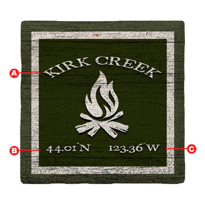 Customizable Lodge Green Camp Fire w/ Coordinates | Drink Coaster Set