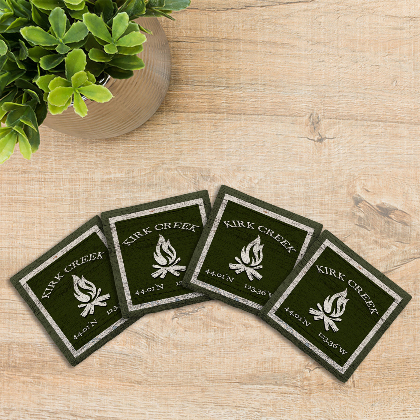 Customizable Lodge Green Camp Fire w/ Coordinates | Drink Coaster Set