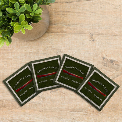 Customizable Lodge Green | Red Canoe w/ Coordinates | Drink Coaster Set