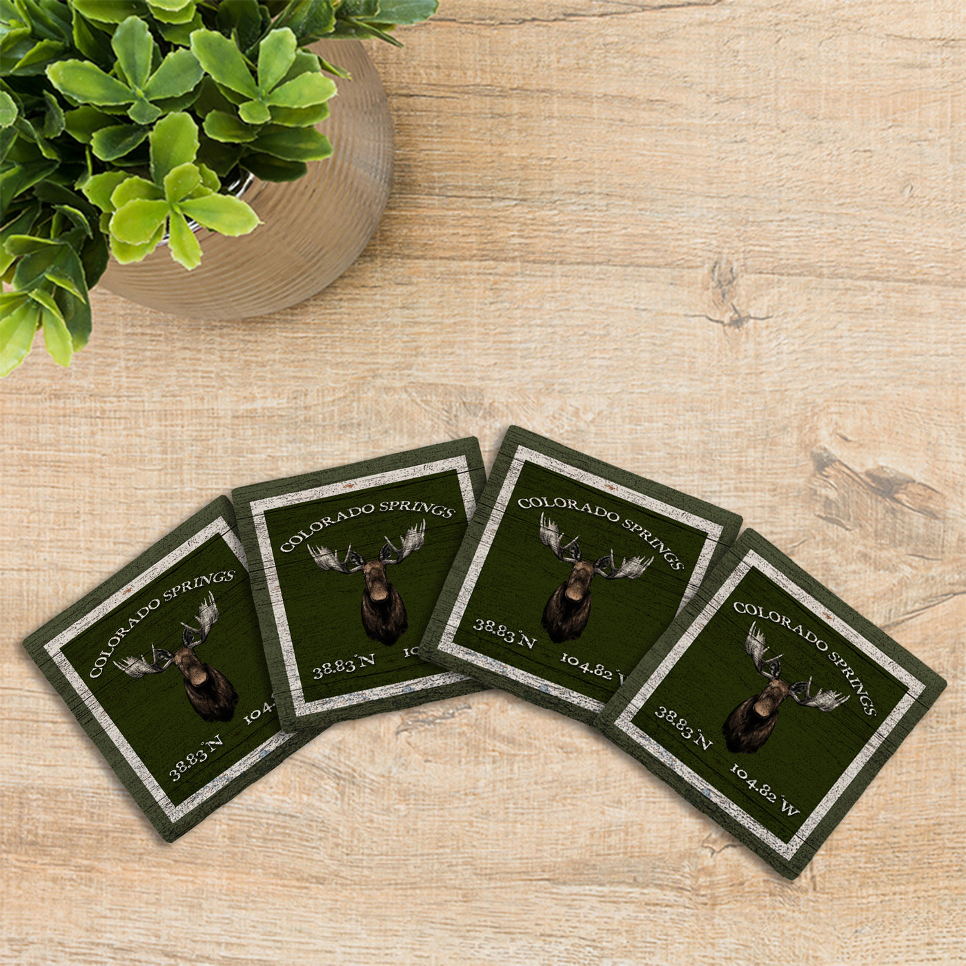 Customizable Lodge Green Moose w/ Coordinates | Drink Coaster Set