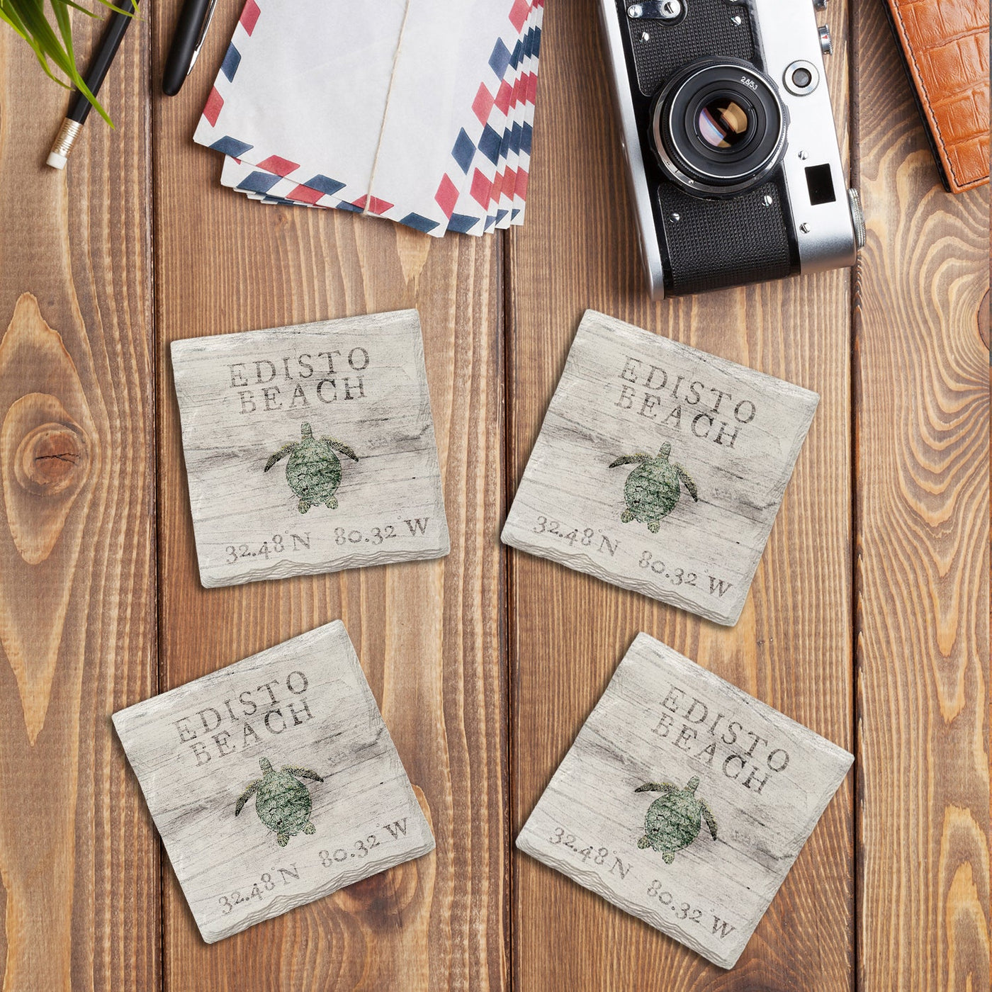 Customizable Coastal Coordinates w/ Sea Turtle | Drink Coasters Set | White Worn Style