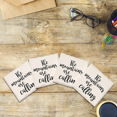 The Mountains Are Calling | Drink Coaster Set | Cursive